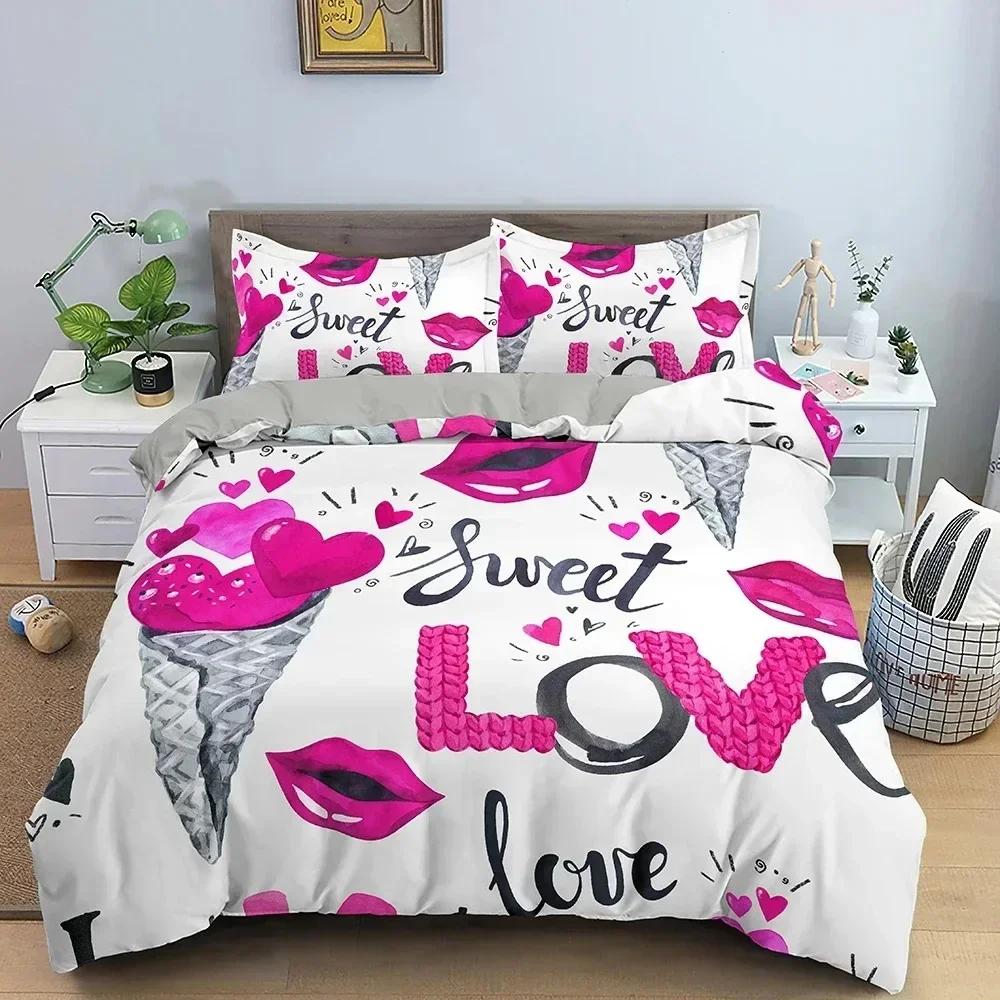 New 3D Love Heart Duvet Cover Valentines Gift Bedding Set for Girls Women Couples Soft Polyester Quilt Cover Home Textile