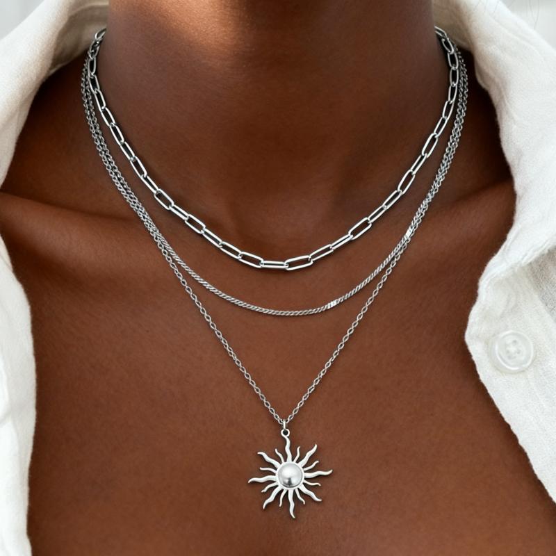 Stainless Steel Vintage Sun Pendant Necklace for Women Simple Metal Multi-Layer Thin Chain Clavicle Chain Fashion Party Jewelry
