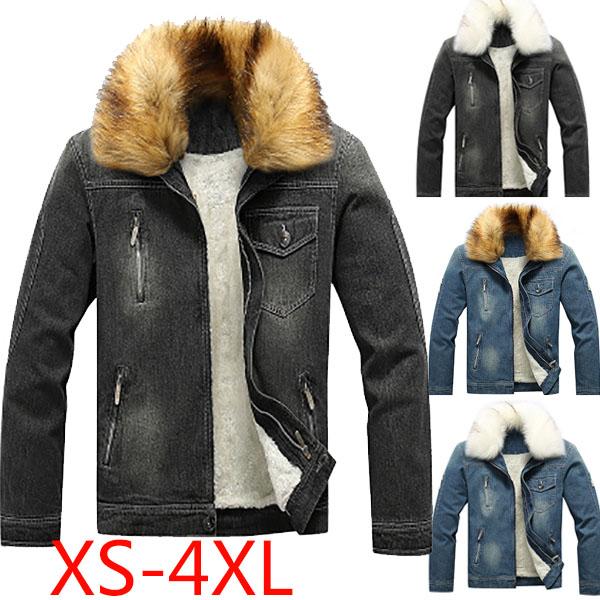 Buy Men's Casual Denim Fleece Jacket Washed Ripped Coat Long Sleeve
