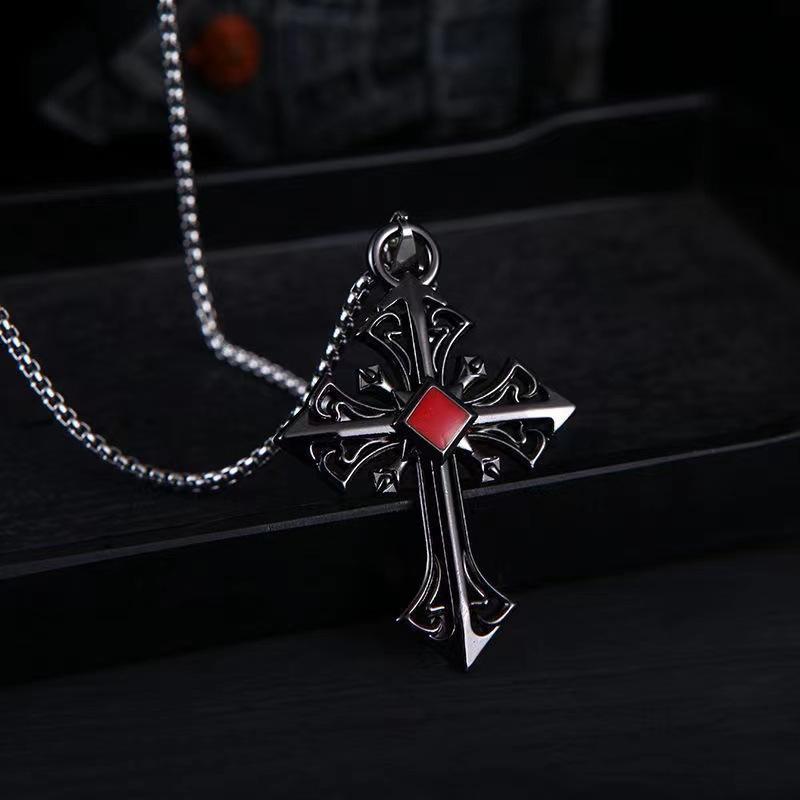 Fashion Personality Hollowed Out Pattern Red Gemstone Cross Pendant Necklace for Men Women Gothic Punk Halloween Jewelry Gifts