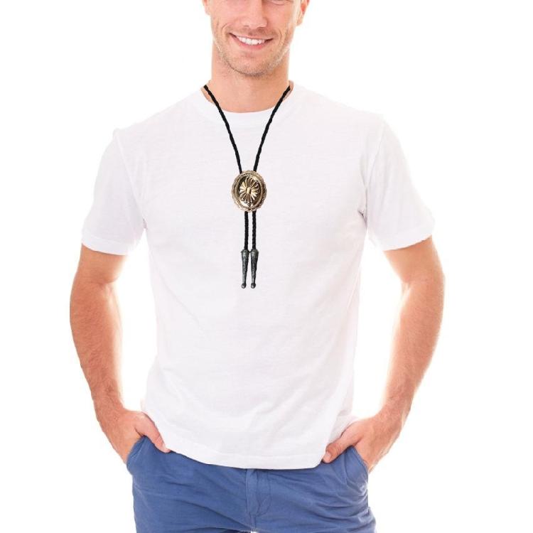 Western Cowboy Vintage Metal Flower Bolo Tie Adjustable Braided Rope Necktie Feathered Pendant Charm Jewelry Necklace