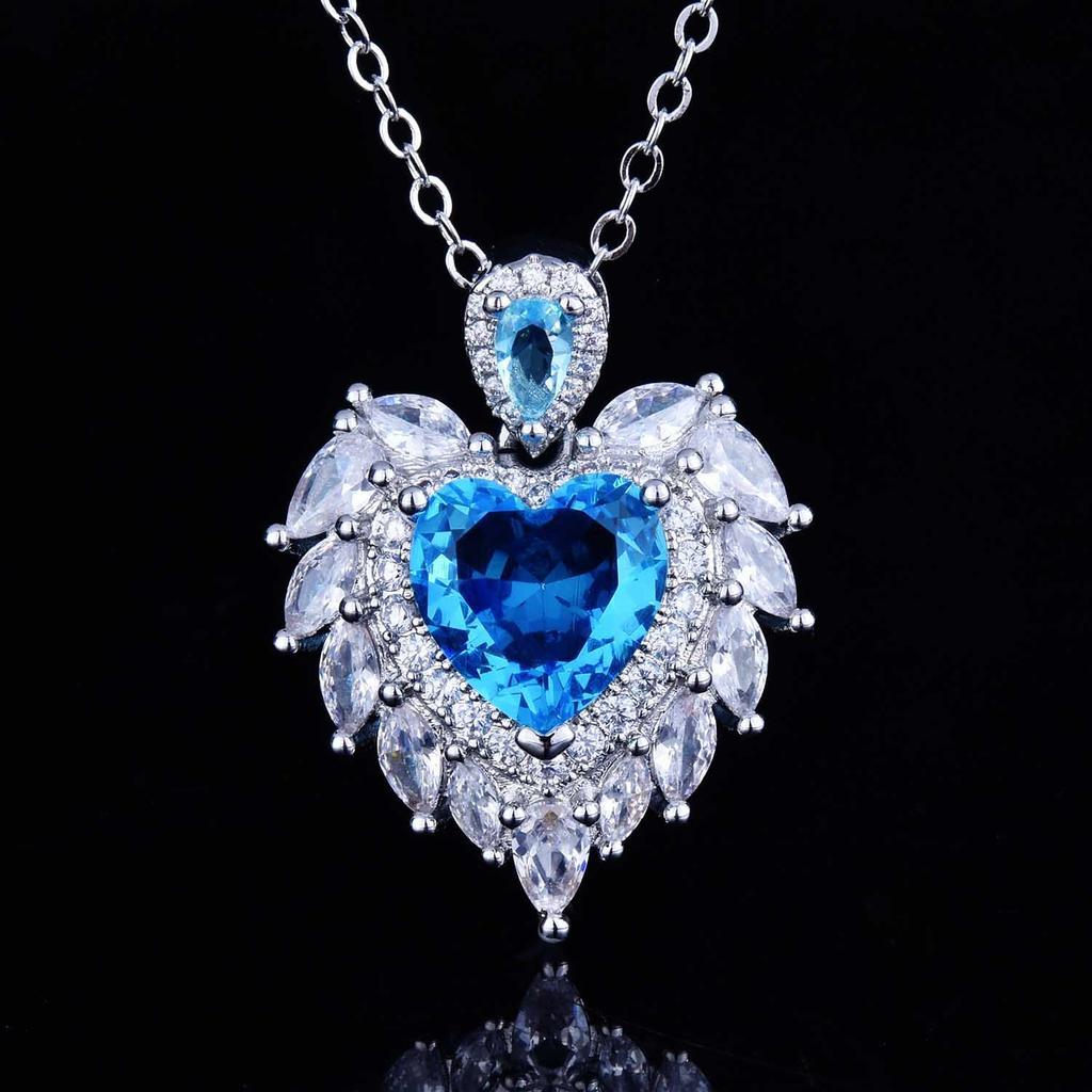 Haute Couture Design Angel Wings Pendant Necklace, Simulated Aquamarine Wings Heart Fashion Jewelry For Women