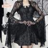 Vintage Gothic Black Lace T-shirt Elegant Flared Sleeve Smock Top See Through Sexy Cropped Tops Cardigan Streetwear