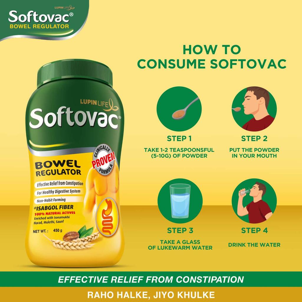 Softovac Isabgol Bowel Regulator Powder 450g – Gentle Stool Softener, Psyllium Husk Fiber, Relieves Bloating, Supports Digestive, Non-Habit Forming