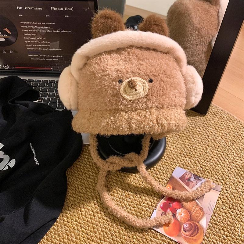 

Cute cartoon plush snowman knitted Lei Feng hat women s big head circumference warm wool hat ear protection pullover hat adult style_one size