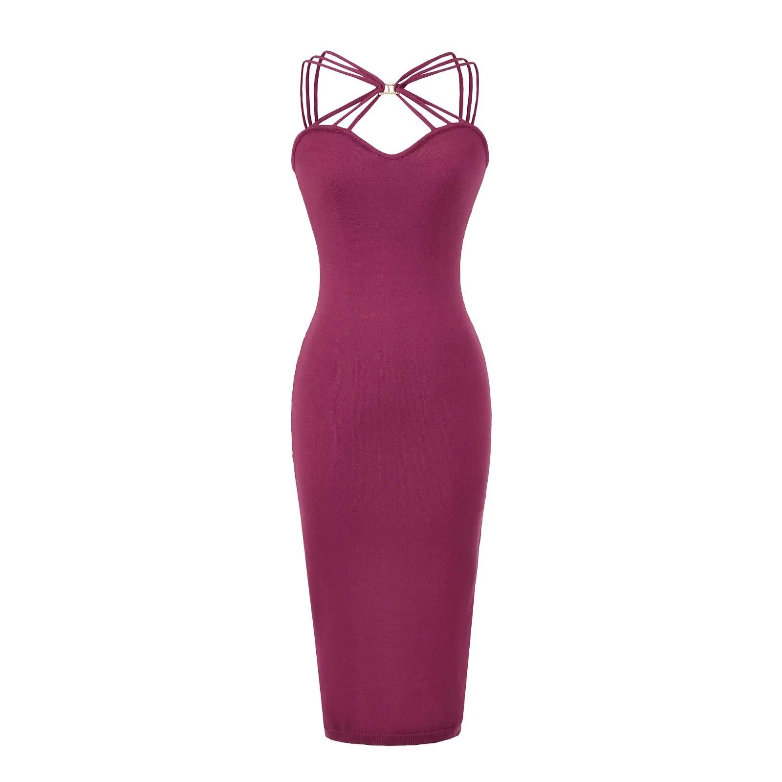 

Pure Desire Cross-Strap Halter Slim-Fit Spring/Autumn Dress - Waist-Cinched, Sexy Mid-Length Skirt for Women Medium фіолетовий