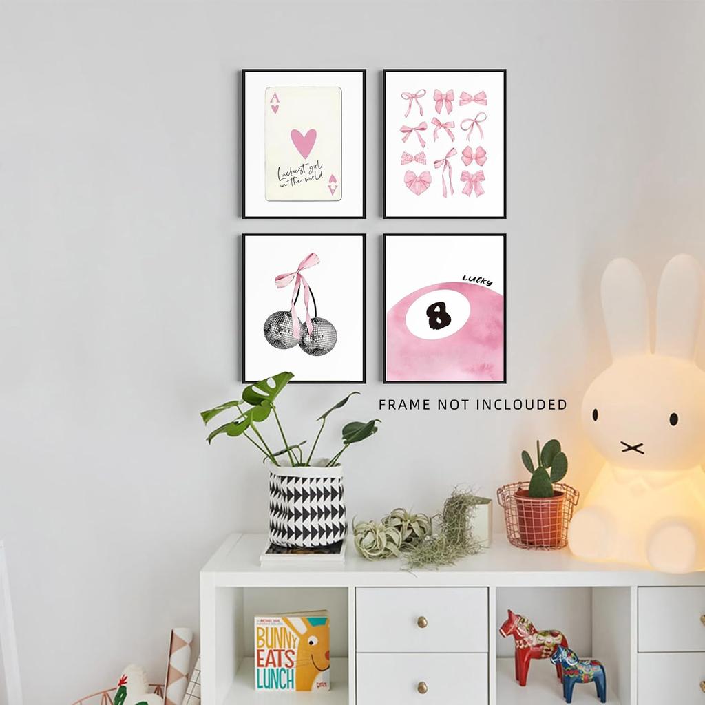 Pink Room Decor Aesthetic Wall Art Prints Poster, 8x10 Inch Canvas Prints Unframed Set of 4 Posters for Teen Girls Bedroom Dorm Decor