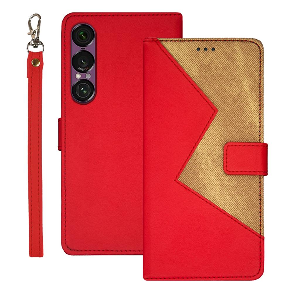 

IDEWEI For Sony Xperia 1 VII Case Card Slots Splicing Color Leather Phone Cover with Wrist Strap Red