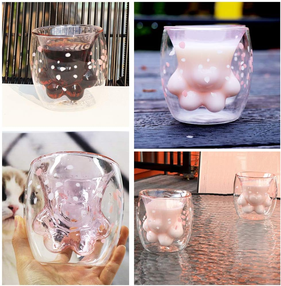 Cat Claw Cup Pink Cherry Printing Cat Paw Mug Cute Cat Foot Shape Transparent Double Wall Coffee Cups Insulated Thermo Milk Tea