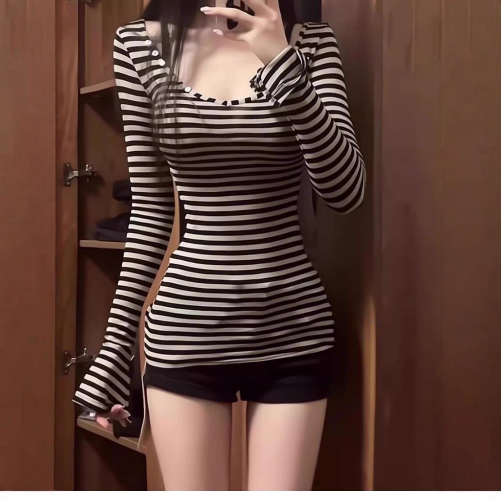 Pure Desire Striped Deep V-neck Horn Sleeves Korean Pure Desire Temperament Spice Girl Slim and Thin Long-sleeved T-shirt Women's Top