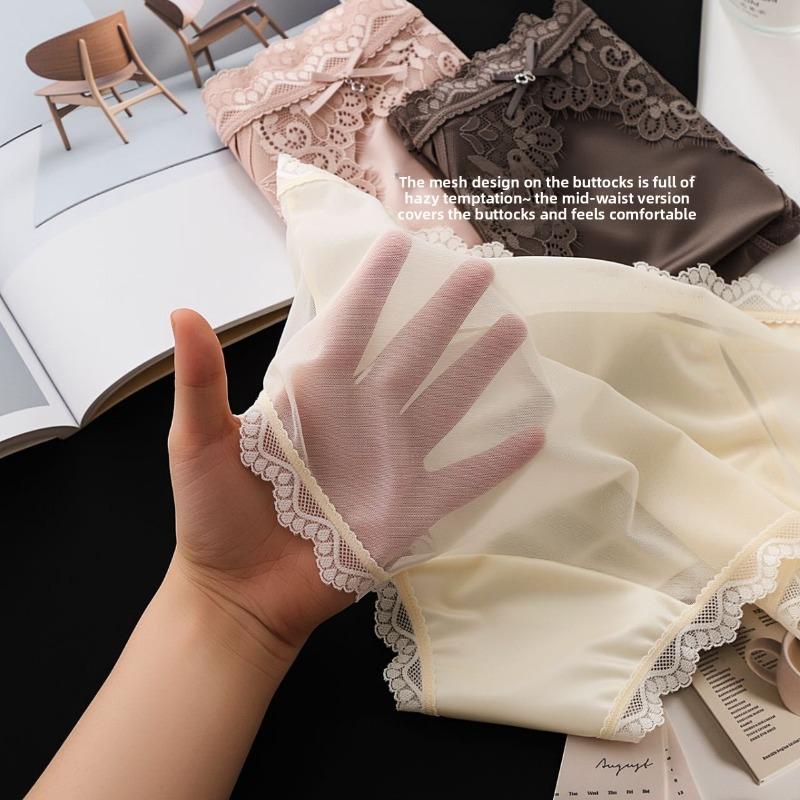 Ladies Summer Sexy Lace Pure Cotton Extended Bottom Crotch Breathable Mid Waist Triangle Briefs