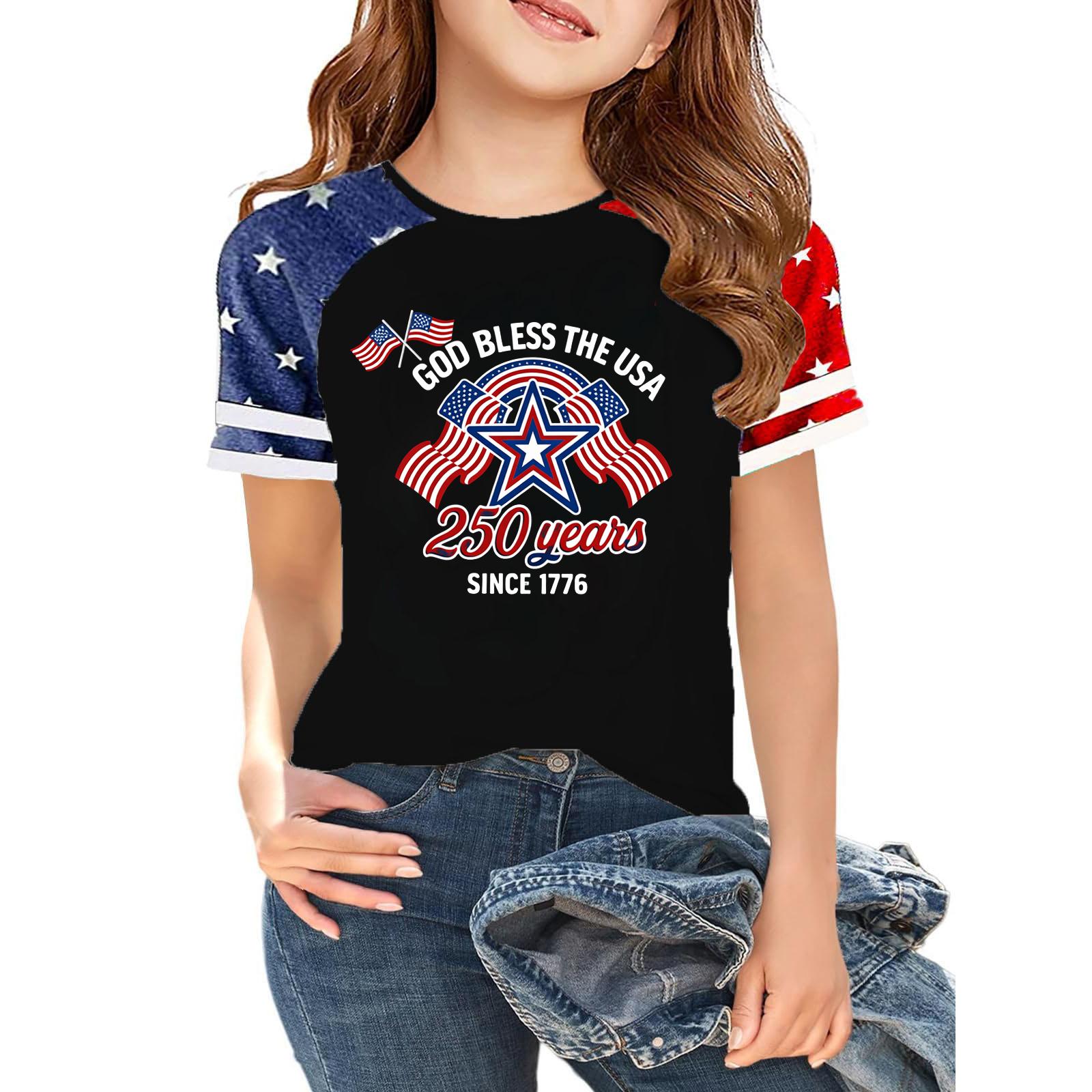 

Kids Independence Day Graphic T-Shirt Short Sleeve Crew Neck Casual Tee with Patriotic Print and Star Pattern Sleeves for Boys and Girls 160 тёмно-синий