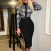 Women Slim Fit Bodycon Midi Dress Lapel Long Sleeve High Waist Plaid Print Office Lady Dress Workwear