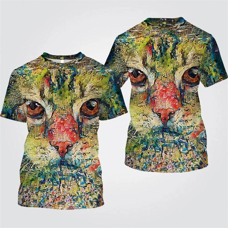 Colorful Cat Graphic T Shirt for Men Animal 3D Printed T-Shirts Summer Casual Fashion Loose Round Neck Oversize Tees Tops