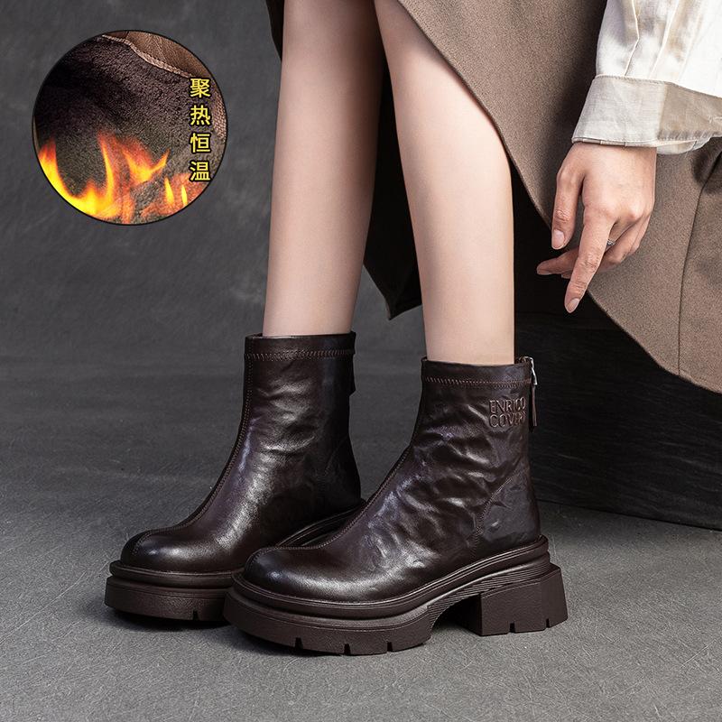 Fashion GKTINOO Genuine Leather Ankle Boots Women Shoes 2025 New Autumn Winter Round Toe Square Heel Zip Handmade Leisure Women Boots