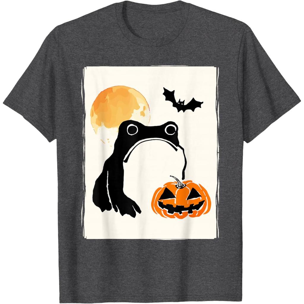 Sad Frog Halloween Pumpkin Graphic Tee Funny Japan Art Short Sleeve Casual T-Shirt
