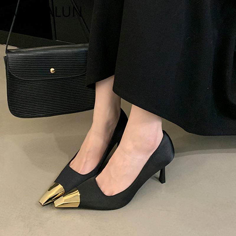 Fashion SUOJIALUN Brand Women Pumps Shoes Fashion Mix Color Ladies Elegant Boat Shoes Pointed Toe Shallow Slip On Thin High Heel Single