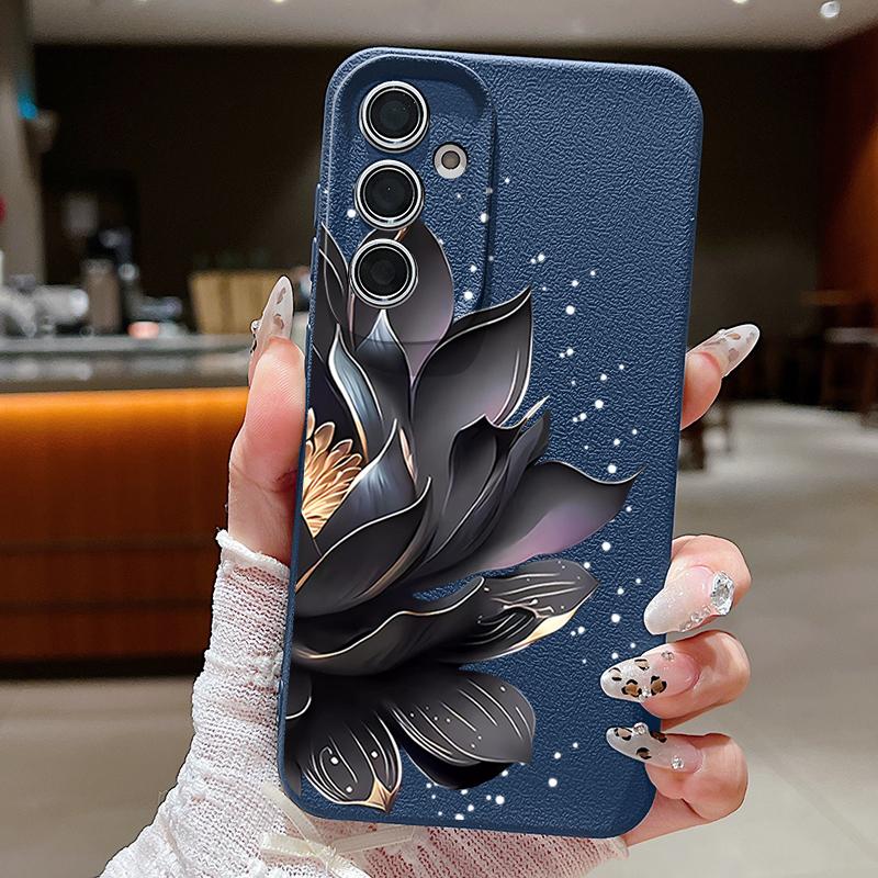 Black Lotus Pattern Case For Samsung Galaxy S24 S25 Ultra Edge S23 Plus S22 S21 FE A34 A54 A15 A35 A55 A16 A26 A36 A56 5G Capa