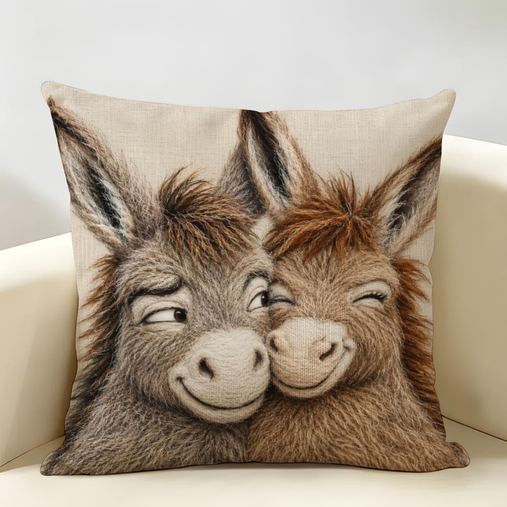 Funny Donkey Couple Cushion Cover Natural Linen Organic Fabric Double-Sided Printing Breathable For Home Decor