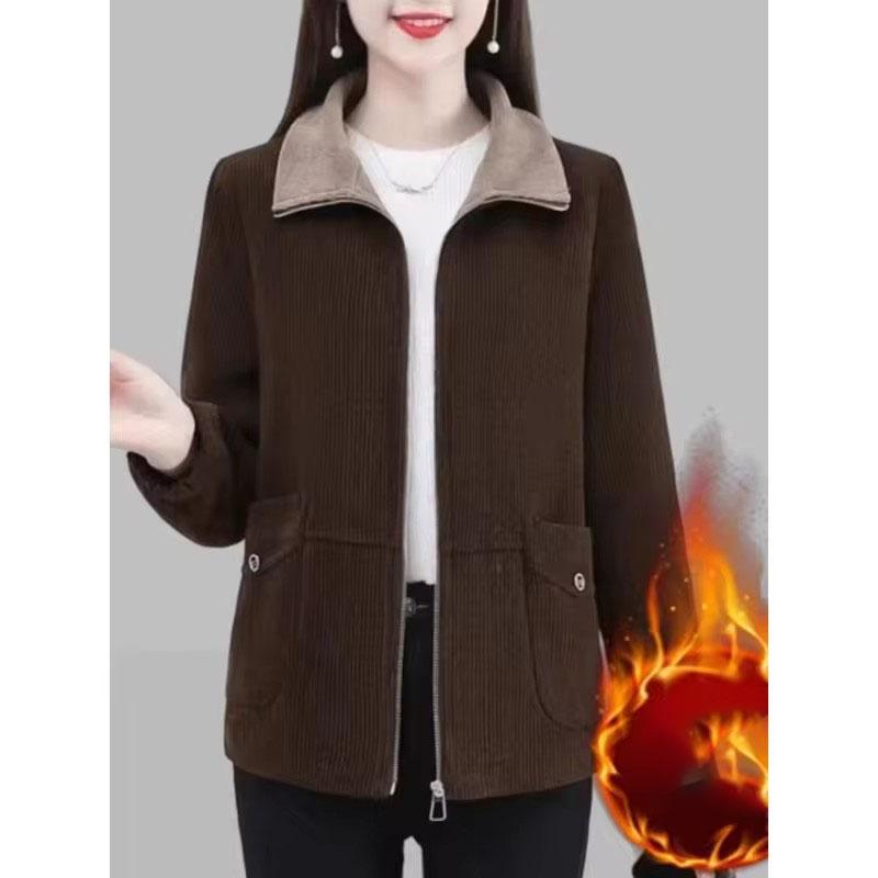 Damen Cordjacke Kurz Herbst Winter Neu Plüsch Verdicken Warme Mäntel Mittelalterliche Mutter Lässig Reißverschluss Oberbekleidung Wild Tops 5XL