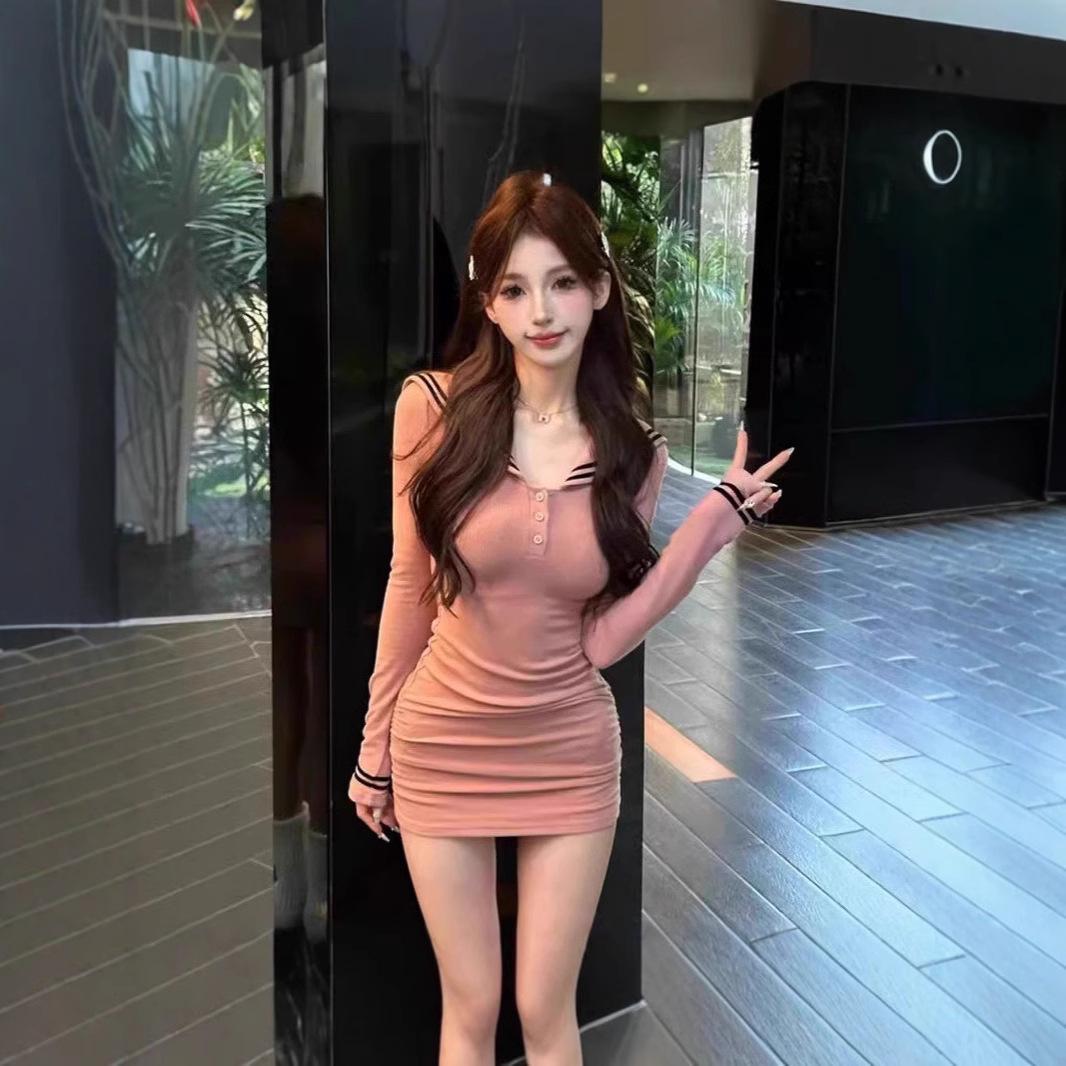 

Элегантное платье с длинным рукавом и темно-синим воротником для женщин 2024 - Приталенный силуэт, облегающая бедра короткая юбка для начала осени. Large розовый