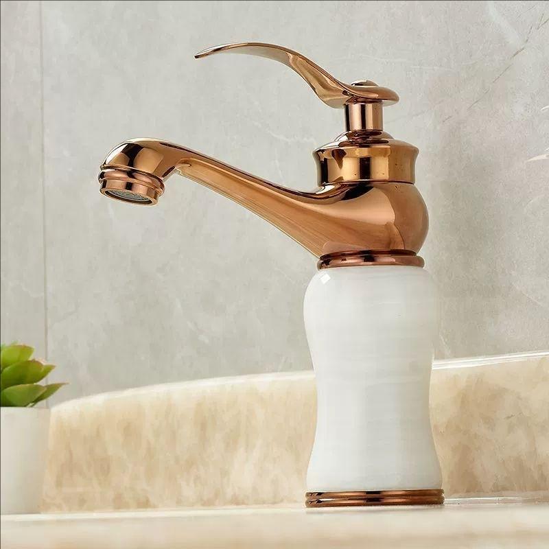 Rose Gold Luxury Bathroom Basin Faucet Single Handle Vanity Sink Mixer water Taps Brass Natural Jade Basin Sink Faucet Chrome