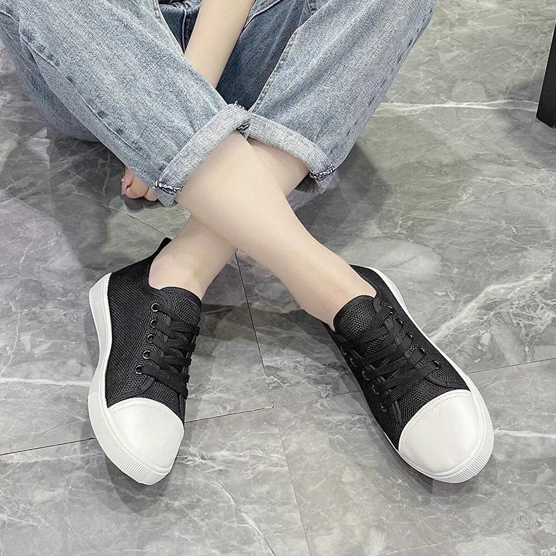Women Mesh Breathable Vulcanize Shoes Summer Flat Soft Sole Shoe Casual Lace-Up White Sneakers Designer Zapatillas De Mujer