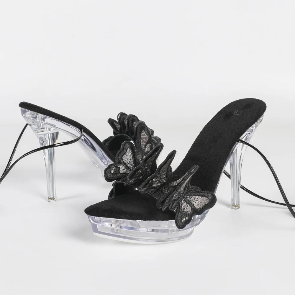 12.5cm Euro Butterfly Strap Platform Heels Crystal Chunky Nightclub Sandals LFD-19876-Q1