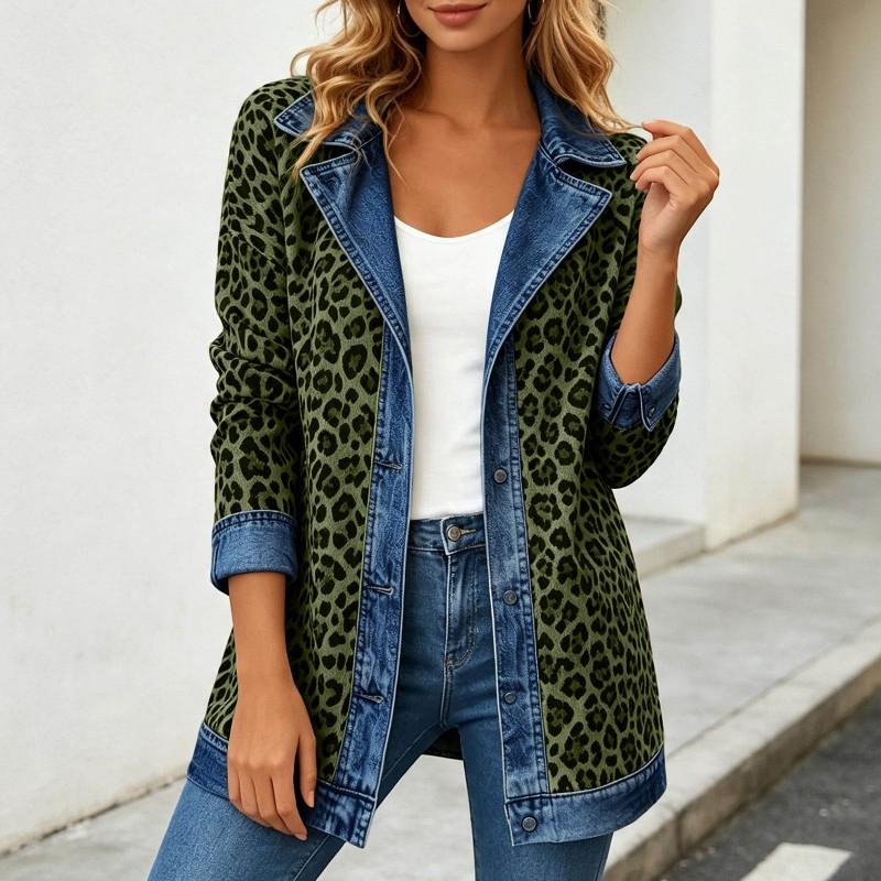 Damen Leopardenmuster Denimjacke Langarm Lockerer Schnitt Lässig Offene Vorderseite Hemdkragen Streetwear Mantel