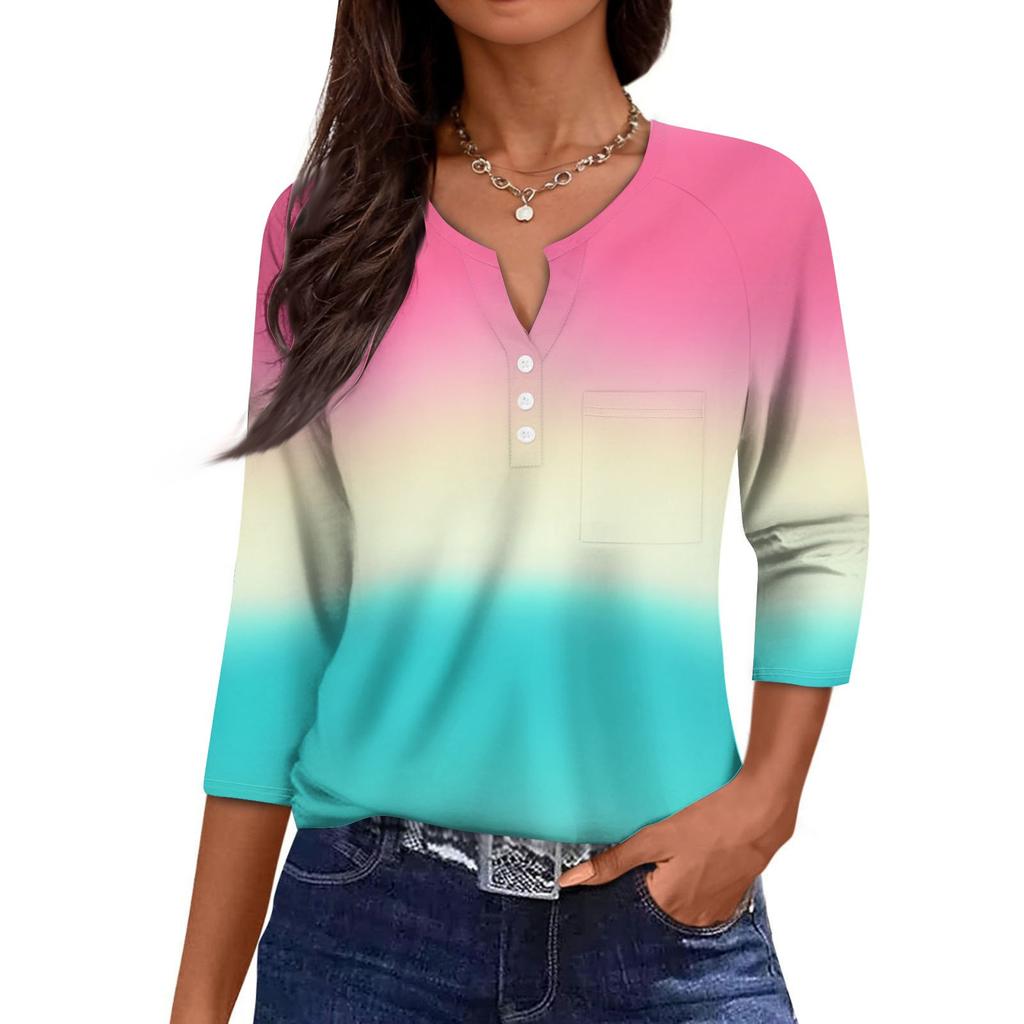 Ladies Casual Fashion V-neck Loose Versatile Gradient Print Three-quarter Sleeves