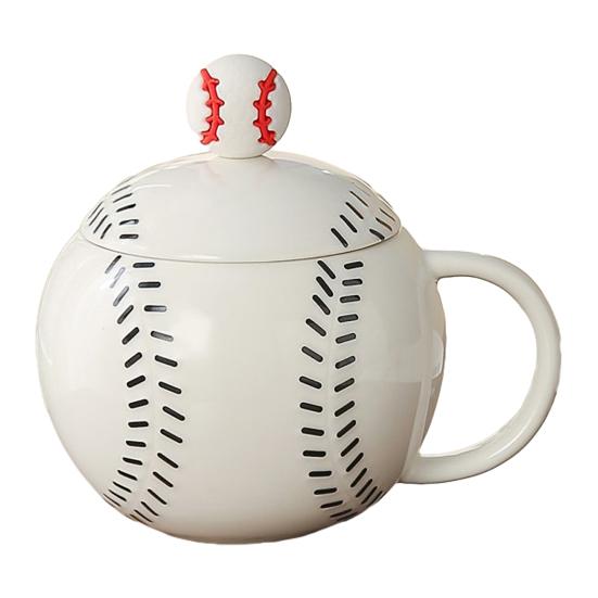 Baseball Shape Coffee Mug with Lid C-Shaped Handle Ceramic Mug 420ml Water Drinking Cup for Coffee Tea Drinks Home Kitchen Outdoor Use чёрный