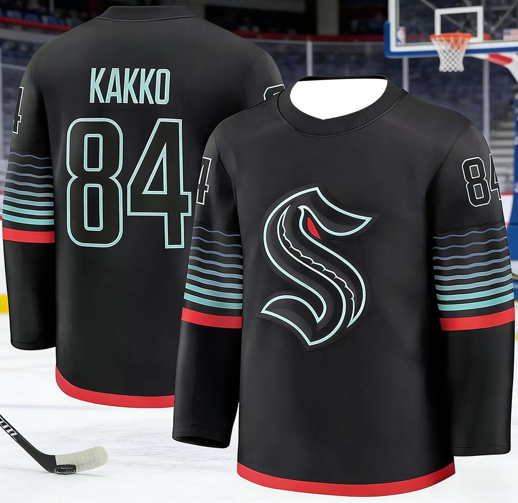 2026 Best-seller Uomo Mostro Marino Hockey su Ghiaccio Allenamento Maglia Nera Palla Traspirante Asciugatura Rapida Stampa 3D Manica Lunga Bambini