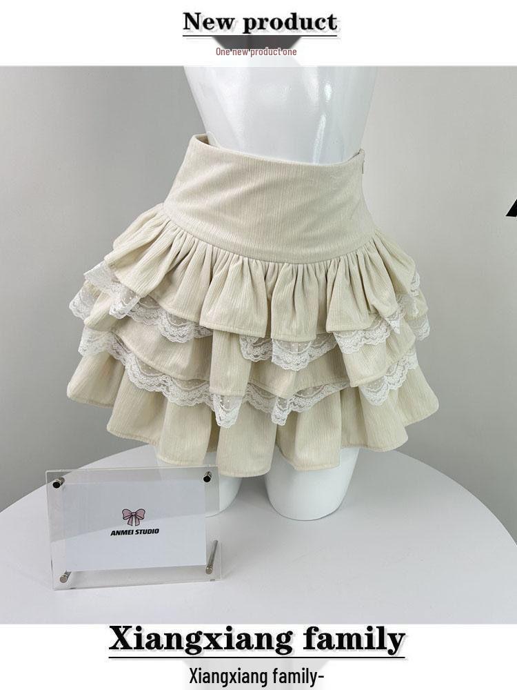 

Apricot High-Waist A-Line Midi Skirt with Lace Patchwork and Puffy Layers L