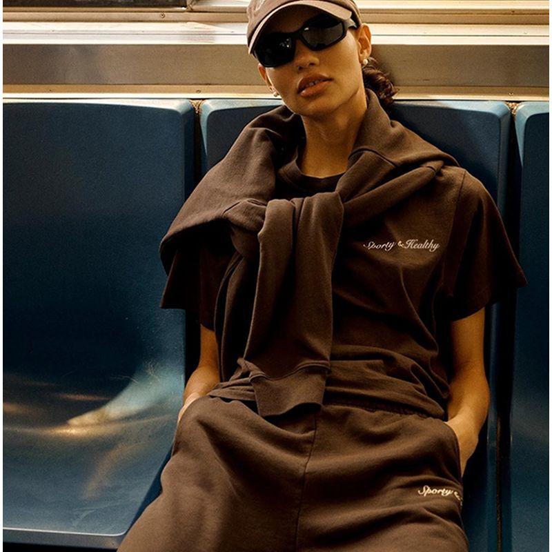 Niche American Vintage Sports Style Fashionable Brown Cotton Letters Print Short Sleeve T-shirt Women