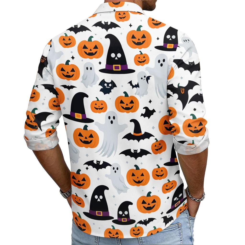Men Long Sleeve Casual Shirt Halloween Pumpkin Print Button Down Shirt Lightweight Breathable Fabric Relaxed Fit Shirt for Everyday Wear