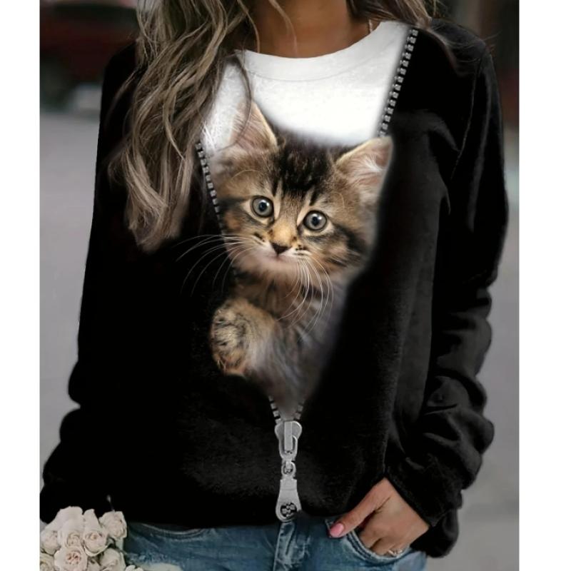 Casual Harajuku Long Sleeve T-Shirt with 3D Cat Print and Round Neck