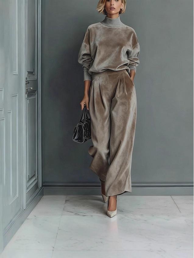 Women's 2025 Autumn/Winter Golden Velvet Two-Piece Set: Long Sleeve Top & Wide Leg Pants