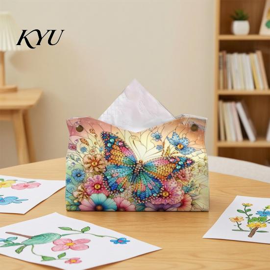 Concentration Training Toys DIY Faux Diamond Art Painting Tissue Box, Leather Desktop Holiday Gift for Craft Lovers Holder Pouch, 5D Rhinestone