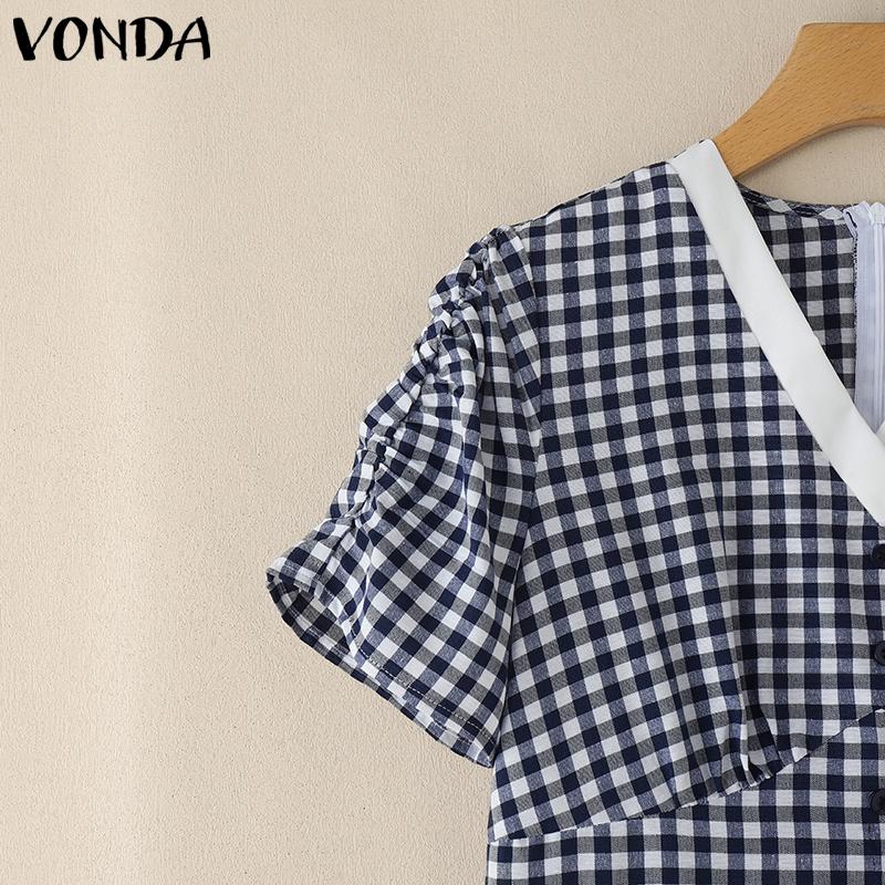 VONDA Women Stitching V Neck Short Sleeve Plaid Print Casual Pleated Dress