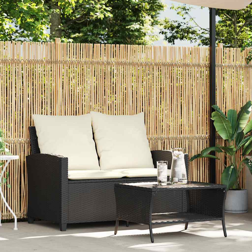 2 Seater Garden Sofa with Cushions & Table Black Poly Rattan