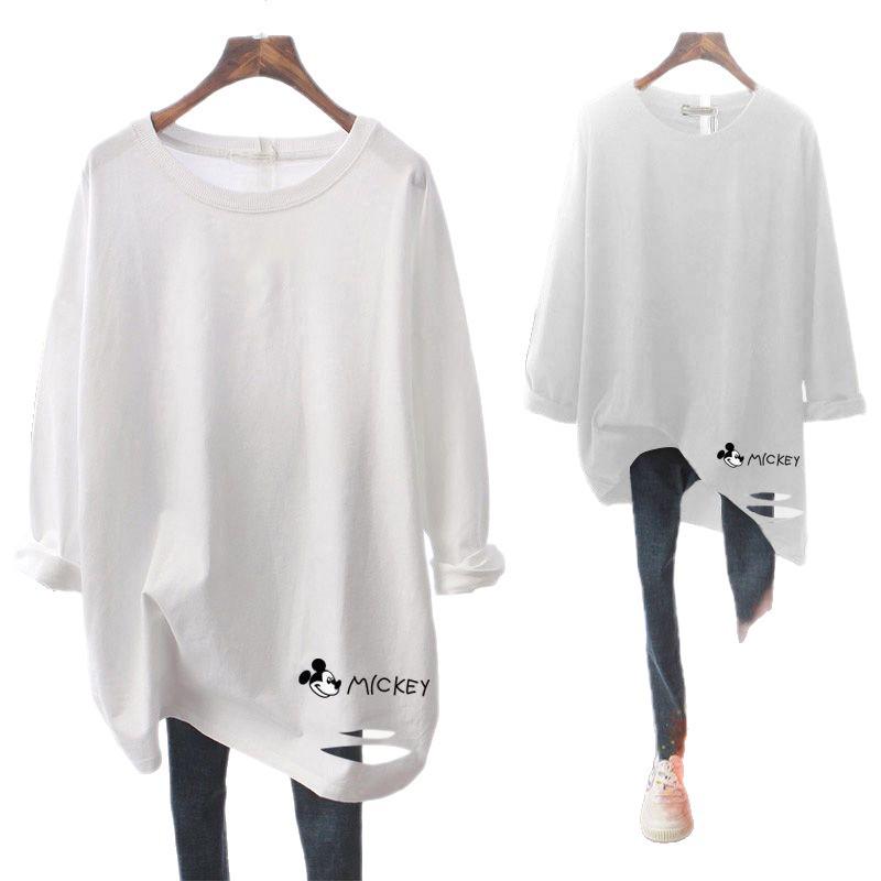 Dámské vrstvené dlouhé tričko s dírami z čisté bavlny 2025: Jaro/Podzim Volná střední délka