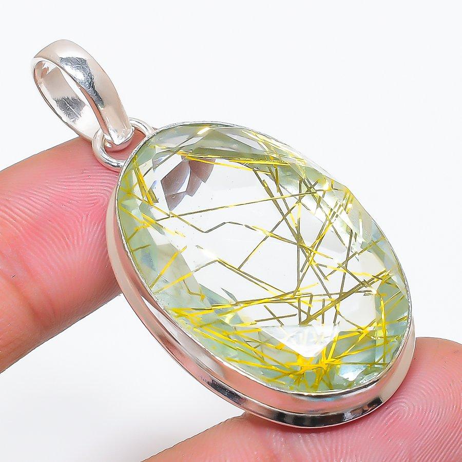 Натуральный золотой рутил Драгоценный камень 925 пробы Стерлинговое серебро Ювелирный кулон 2,17  AP-14186