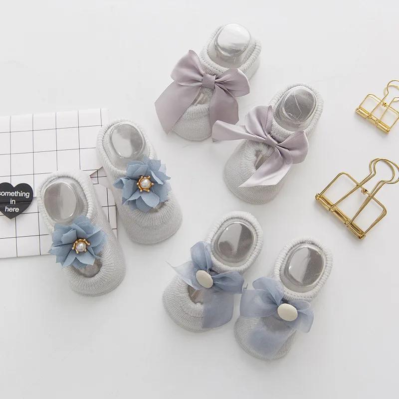 

3Pairs/Lot Lace Flower Newborn Baby Socks Cotton Anti-Slip Kids Floor Socks Bow Toddler Girls Sock Spring Girls Gift Socken 1-3Years(M)