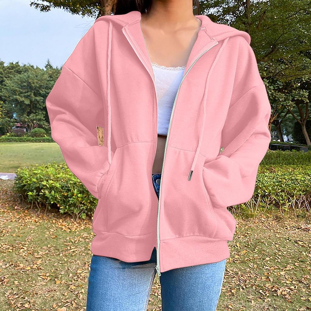 Women's Fashion Casual Solid Color Sweatshirt Autumn/Winter Long Sleeve Pocket Cardigan Jacket Zipper Hoodie Coat