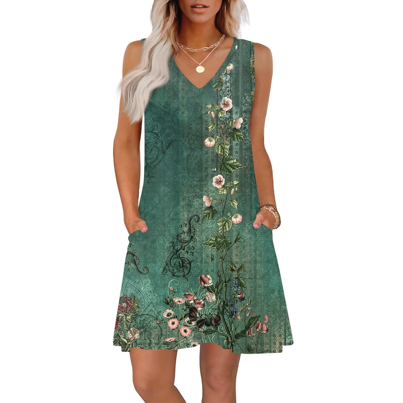 

Женские летние платья свободного кроя с принтом V-образным вырезом без рукавов сарафаны пляжное гавайское платье с карманами S зелёный