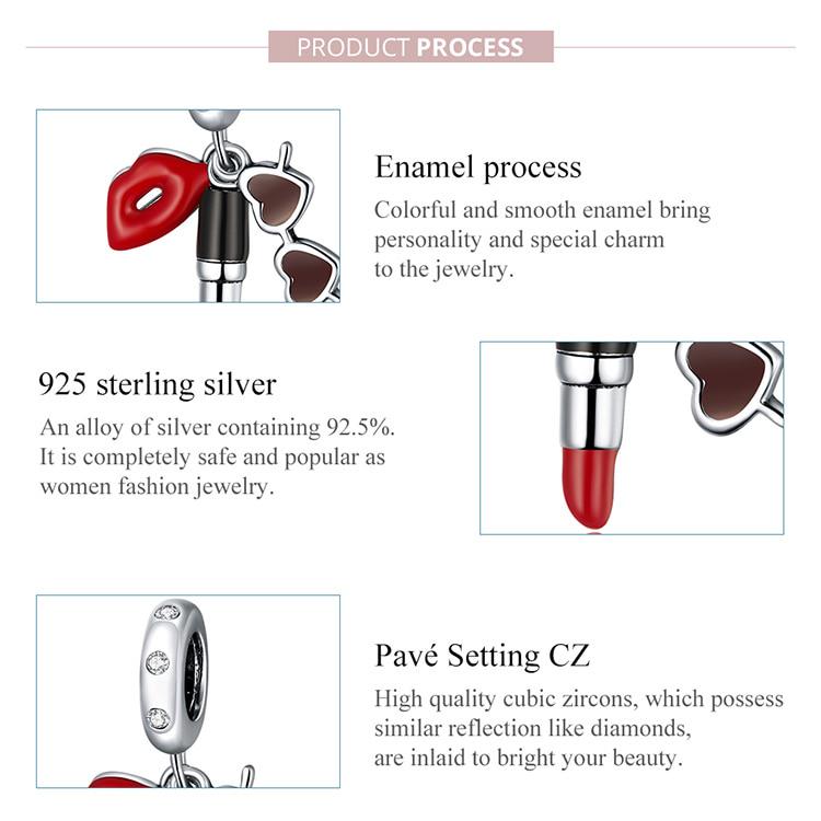 Bamoer Lipstick and Sunglasses Pendant Charm Silver 925 Original Fashion Oxidized Silver Jewelry Gifts for Girl
