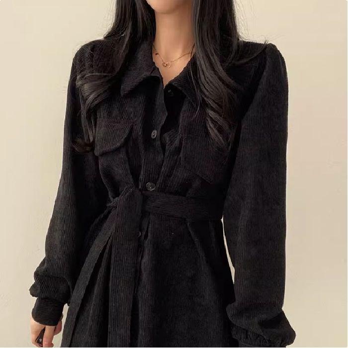 Korean Chic French Retro Corduroy Lapel Tie-Waist Long Dress for Women