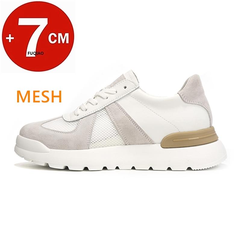Elevator Casual Sneakers Man Genuine Leather Mesh Lace-Up Round Toe Platform Shoes 7cm Height Increase Shoes Men Lift Sports