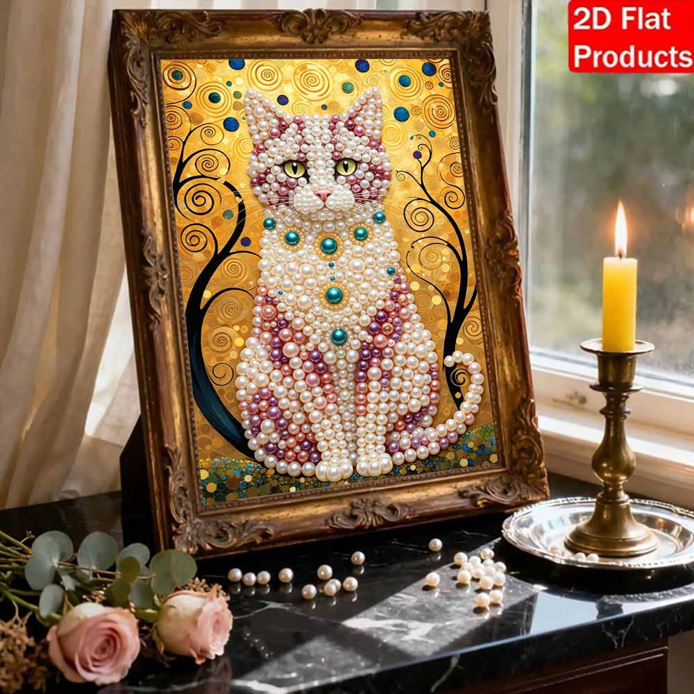 Pearl Painting DIY Kit Elegant Cat with Colorful Pearls Frameless Sparkling Bead Art Canvas Creative Home Decor Craft for Beginners