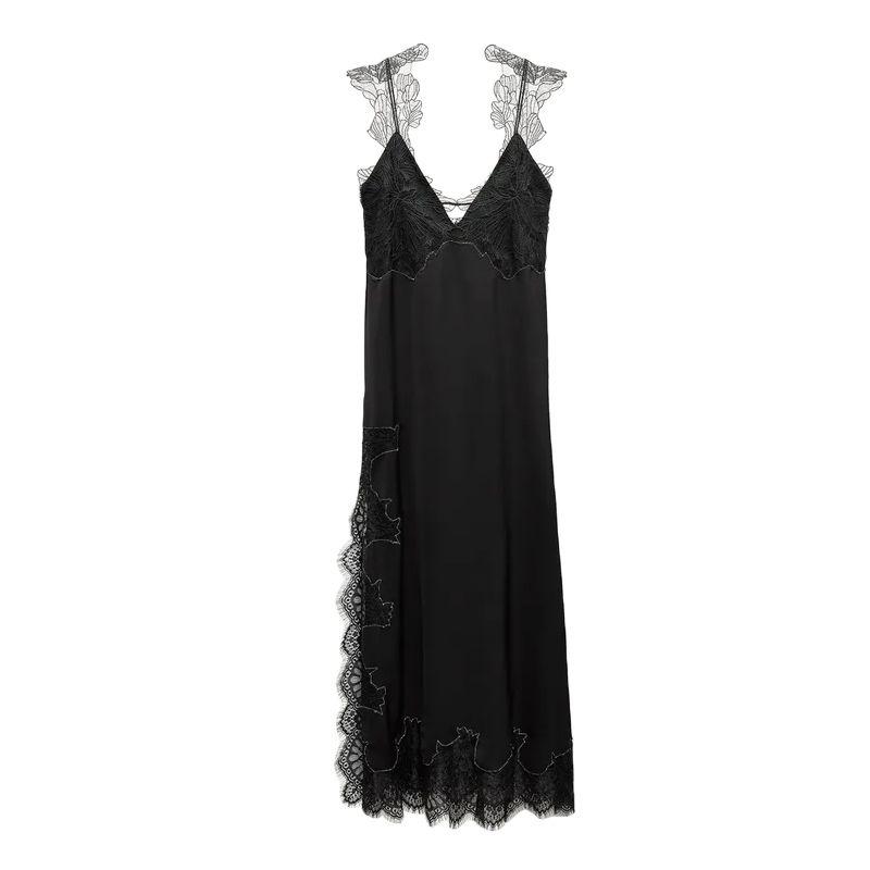 

Spring New Arrival Women s Sleeveless V-neck Strap Lace Trim Intimates Style Mid Length Long Length Dress 8369515 Black L